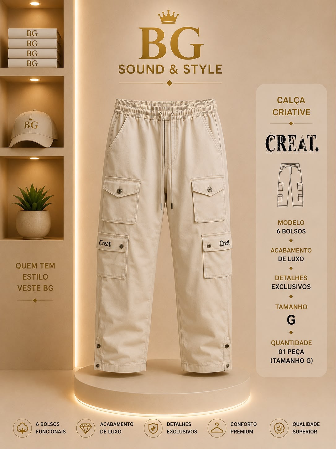 CALÇA CREAT BEGE CARGO 